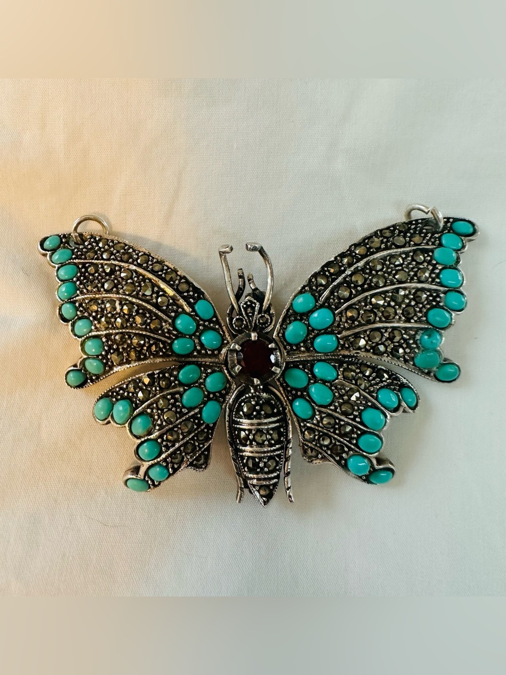 Vintage Sterling Silver Turquoise and Marcasite Butterfly Hinged Brooch/pendant - Picture 9 of 9